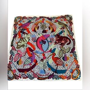Bimba Y Lola Women Large Square Satin Scarf Multicolor Cat Bird Print 47" Boho